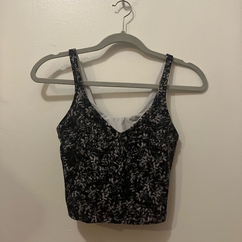 Lululemon Align Tank Cropped Black with Grey Floral Feathers Size 4